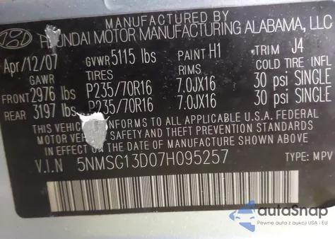 2007 Hyundai Santa Fe Gls from USA, damaged, VIN 5NMSG13D07H095257